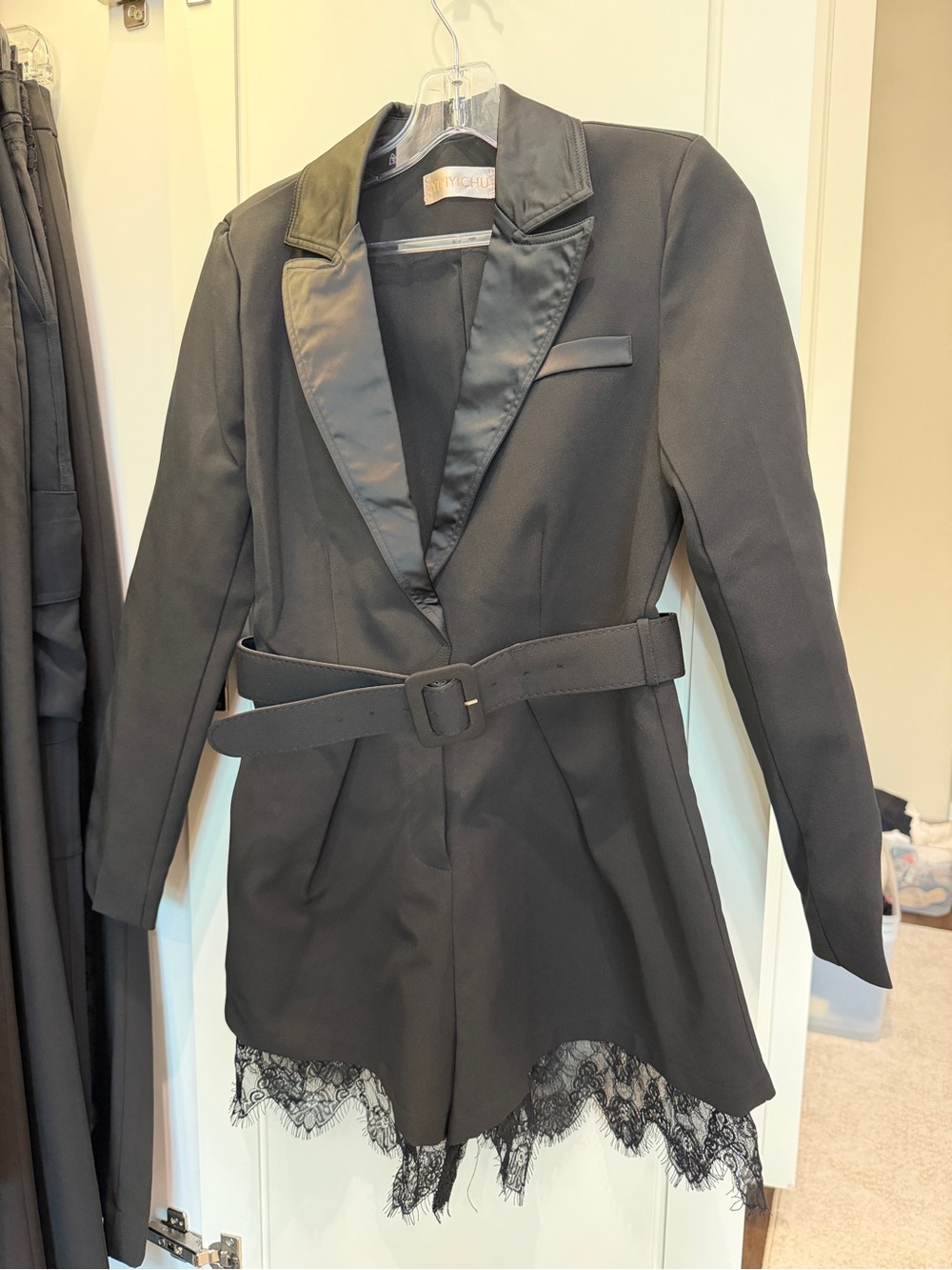 NWOT Black Lace-Hem Blazer Romper with Satin Lapels